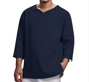 V-neck Cotton Linen Loose Fitting Long Sleeved Shirt