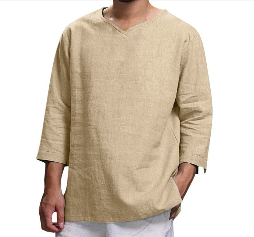 V-neck Cotton Linen Loose Fitting Long Sleeved Shirt