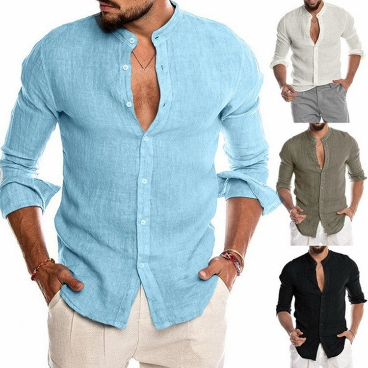 V-neck Linen Standing Collar Long Sleeved Shirt