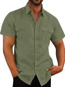 Double Pocket Cotton Linen Short Sleeve Shirts Casual Vacation Shirts