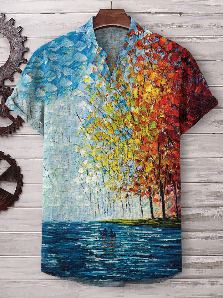 Men's Autumn Tree Boating Oil Painting Print Casual V Neck T-Shirt