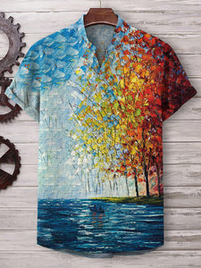 Men's Autumn Tree Boating Oil Painting Print Casual V Neck T-Shirt