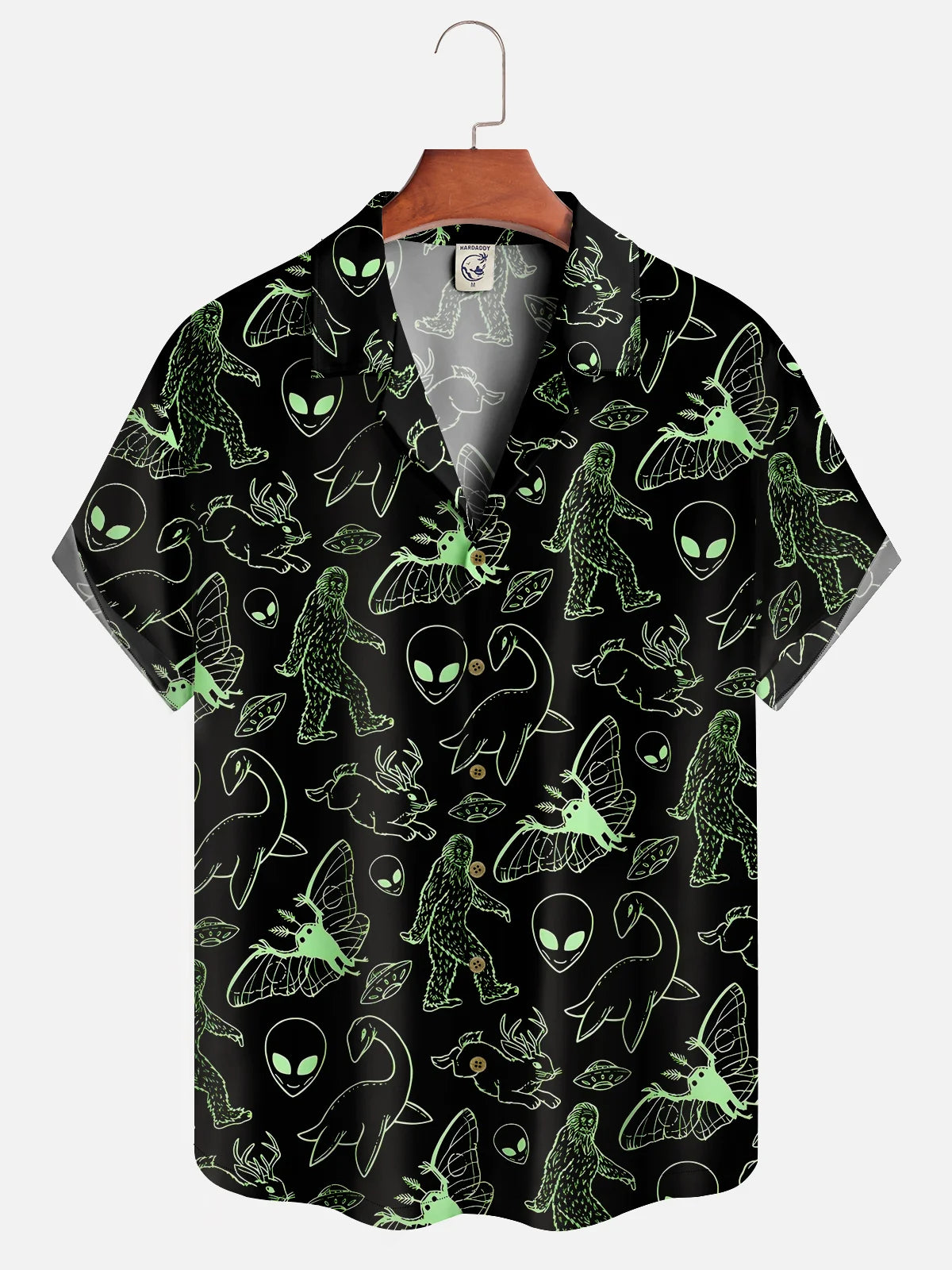 American Legend Alien Green Lines Cryptid Pattern Short Sleeve Aloha Shirt