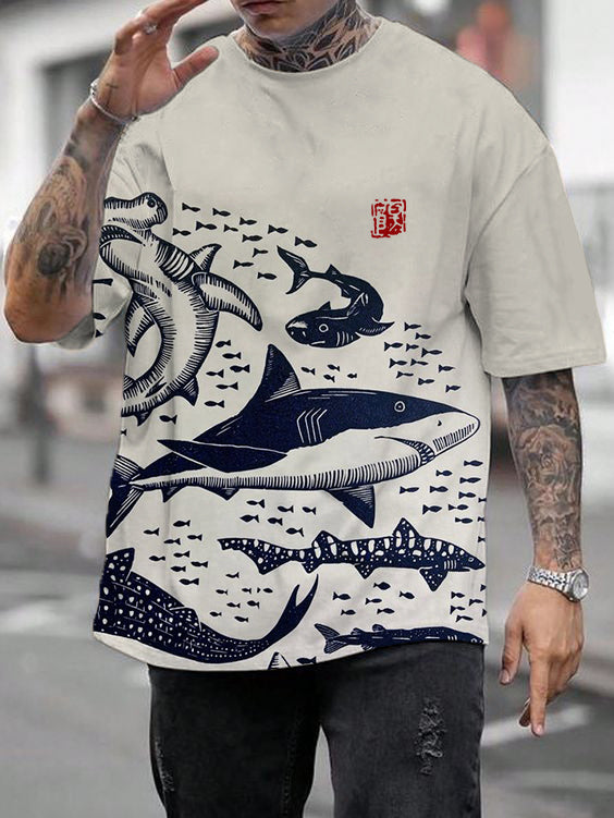 <Flash Sale⚡40% OFF> Men's Sharks Sea Japanese Lino Art Print Casual Short Sleeve T-Shirt