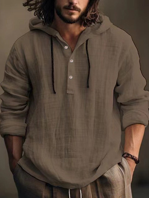 Men's Plain Cotton And Linen Casual Hooded Shirt