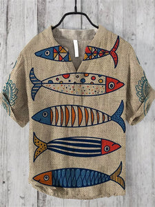 Men's Vintage Fish Geometric Abstract Art Printed Half Button Linen Blend Shirt