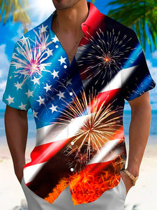 Retro Flag Independence Day Gradient Fireworks 3D Print Men's Button Pocket Short Sleeve Shirt