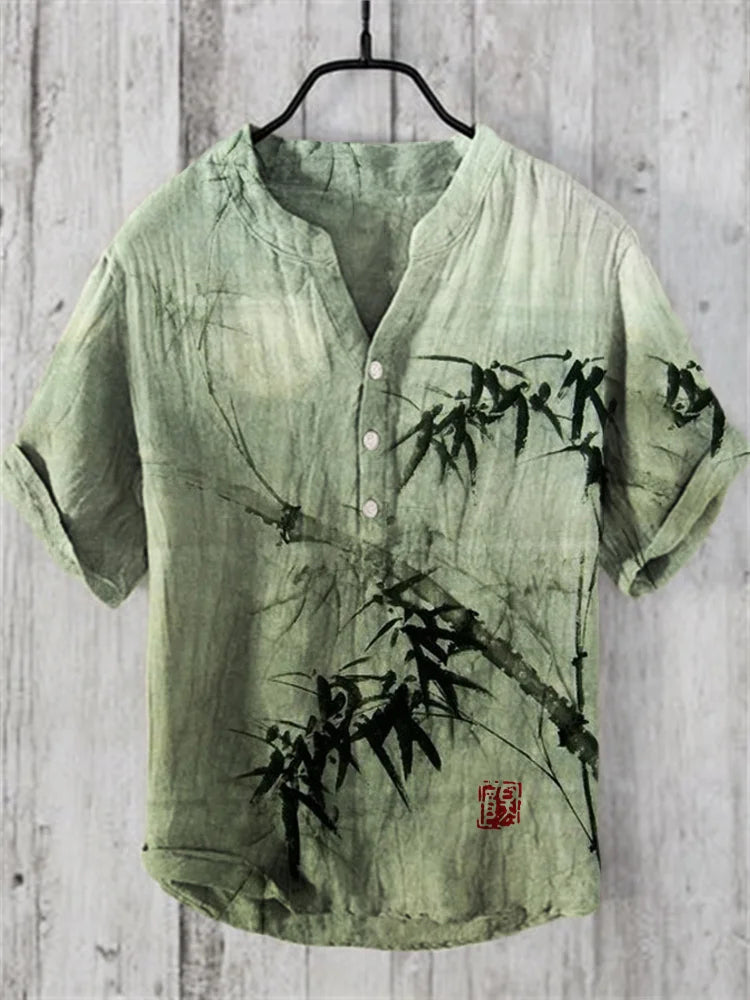 Men's Bamboo Forest Full Moon Night Japanese Art Print Linen Blend Shirt