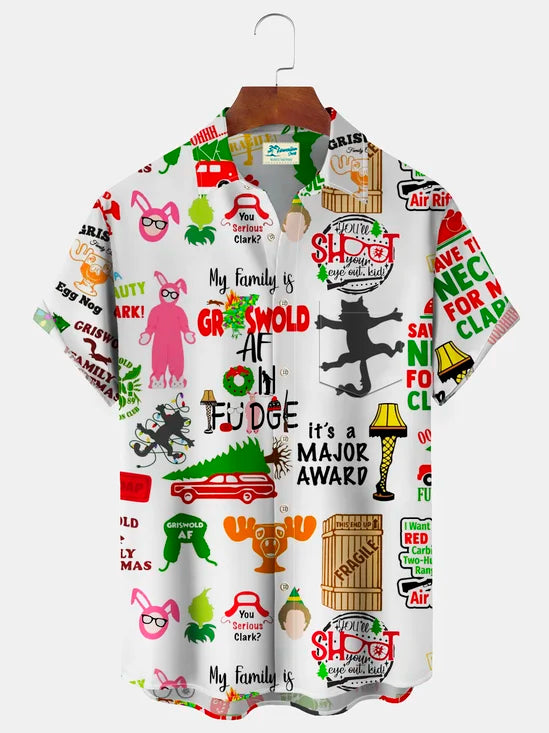 Christmas Story Men's Hawaiian Print Resort Shirt Stretch Aloha Pocket Cartoon Camping Shirt