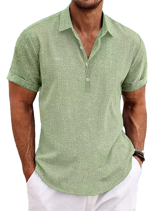 Men's Cotton Linen Solid Color Pullover Button Hawaiian Daily Casual Short Sleeve Shirt