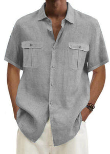 Men's Solid Color Double Pocket Cotton Linen Casual Short Sleeve Shirt-Mokaloha