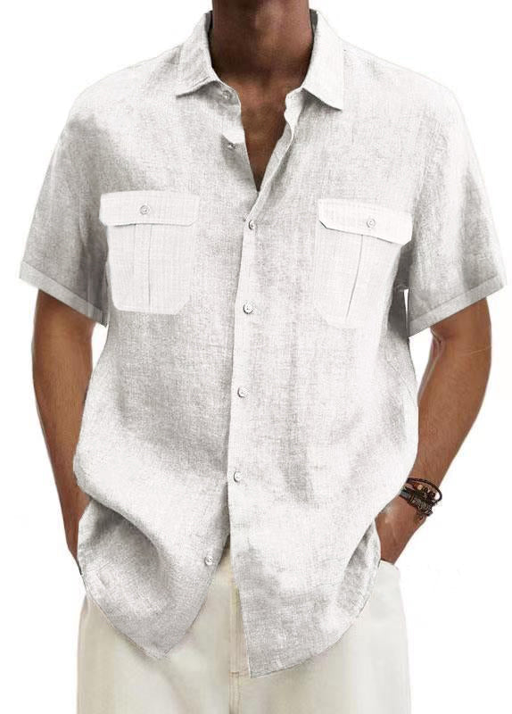 Men's Solid Color Double Pocket Cotton Linen Casual Short Sleeve Shirt-Mokaloha