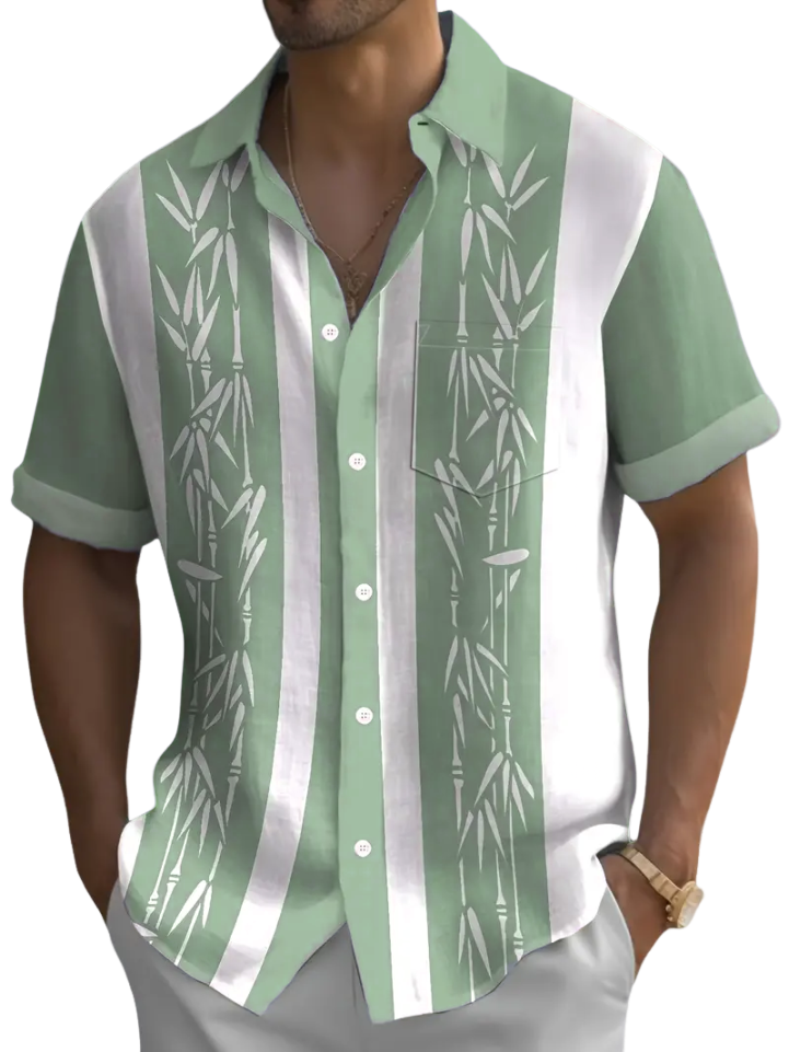 Men's Hawaiian Bamboo Print Pocket Short Sleeve Shirt