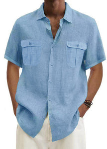 Men's Solid Color Double Pocket Cotton Linen Casual Short Sleeve Shirt-Mokaloha