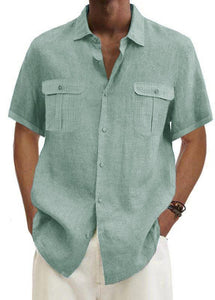 Men's Solid Color Double Pocket Cotton Linen Casual Short Sleeve Shirt-Mokaloha