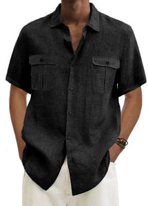 Men's Solid Color Double Pocket Cotton Linen Casual Short Sleeve Shirt-Mokaloha