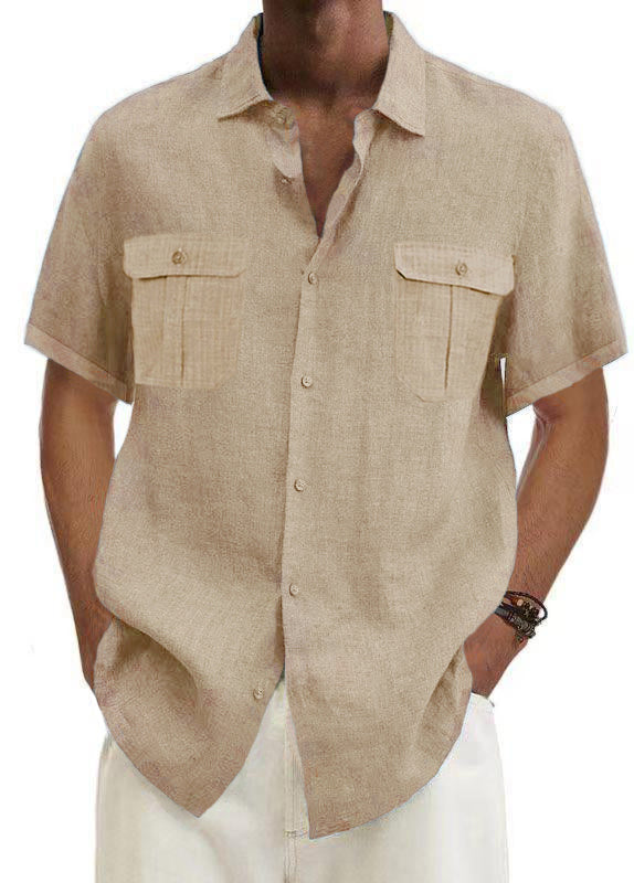 Men's Solid Color Double Pocket Cotton Linen Casual Short Sleeve Shirt-Mokaloha