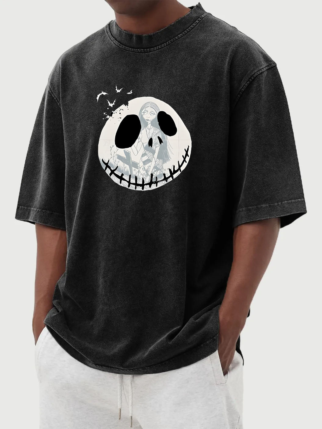 Halloween Retro Washed Ghost Face Printed Cotton Short-Sleeved T-shirt