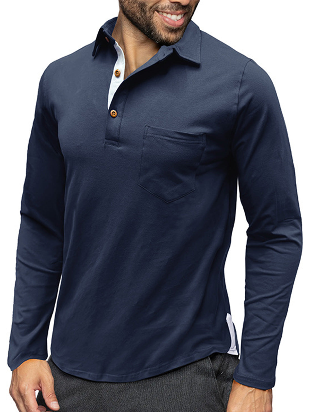 Men's Pure Cotton Lapel Casual Solid Color Pocket Long Sleeve POLO Shirt