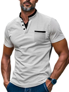 Men's casual cotton stand collar contrast pocket short sleeve polo shirt