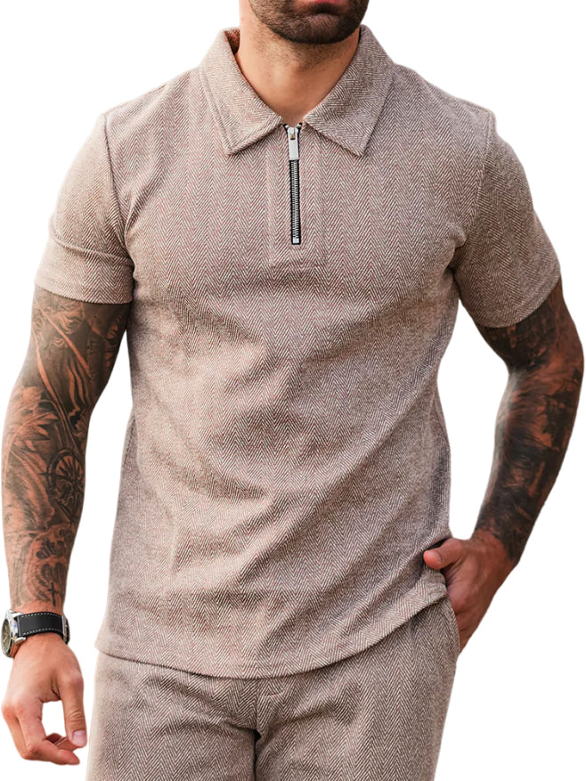 Men's Fashion Textured Zip Short Sleeve Polo Shirt