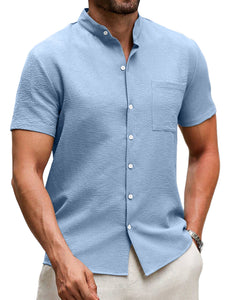 Men's Summer Stand Collar Pleated Pocket Casual Solid Color Short Sleeve Shirt