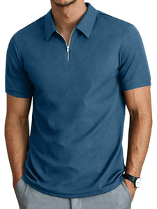 Men's striped solid color zipper lapel short sleeve polo shirt