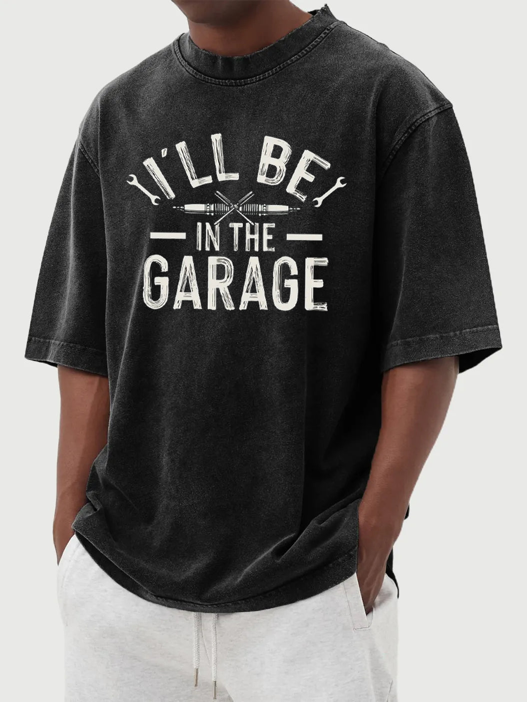 "I'll Be In The Garage" printed vintage washed crew neck T-shirt