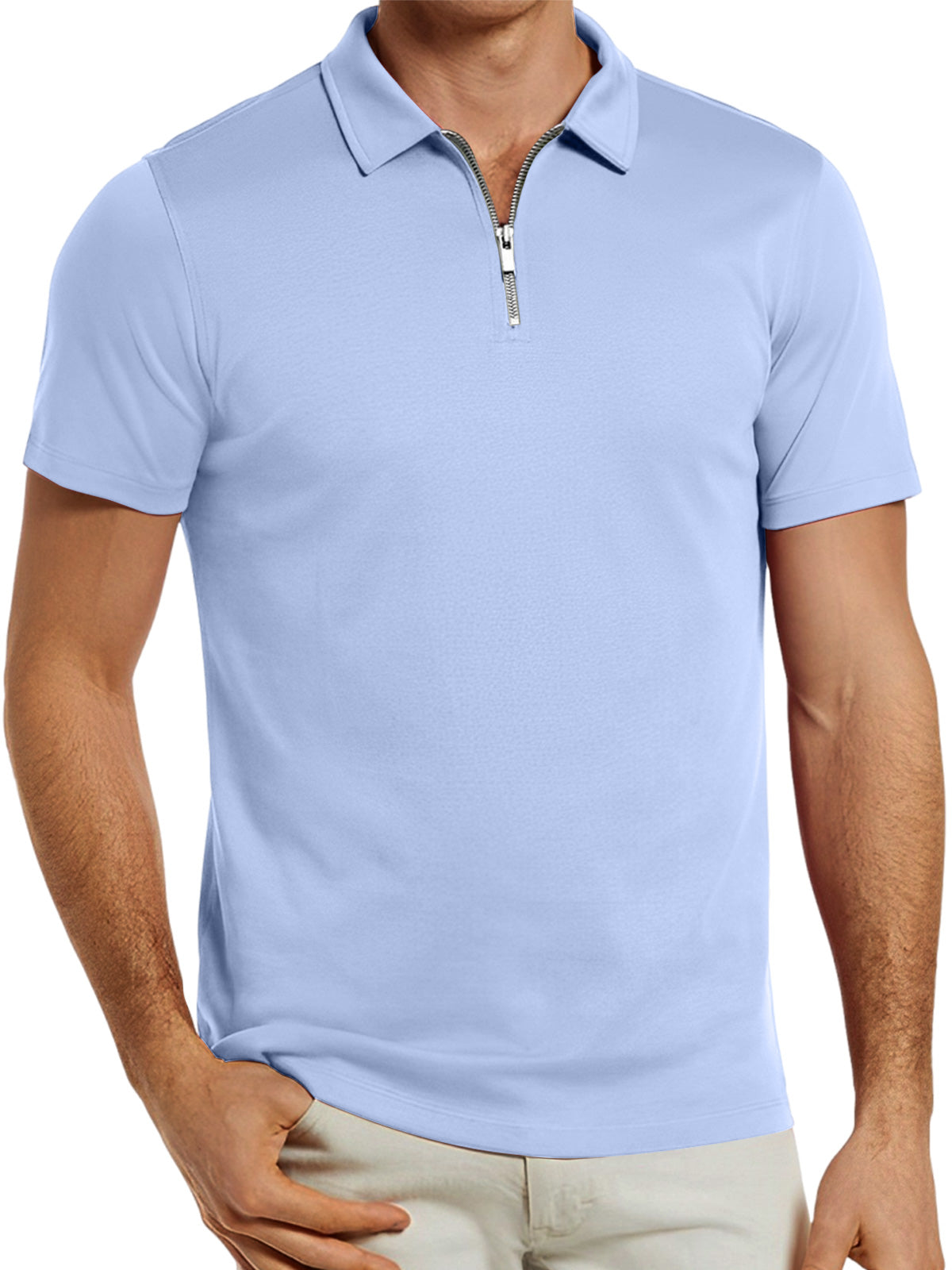 Men's solid color zipper lapel breathable short-sleeved POLO shirt