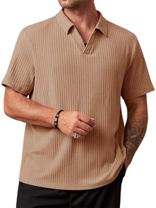 Men's V-neck striped solid color short-sleeved POLO shirt