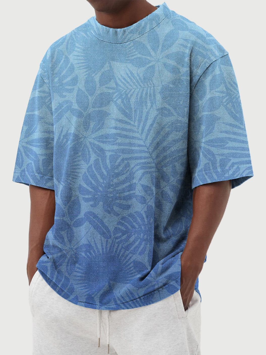 Men's Summer Round Neck Gradient Palm Leaf Print Short Sleeve T-Shirt