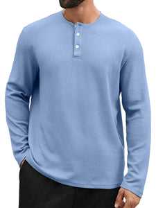 Men's Casual Henley Collar Waffle Solid Color Long Sleeve T-Shirt