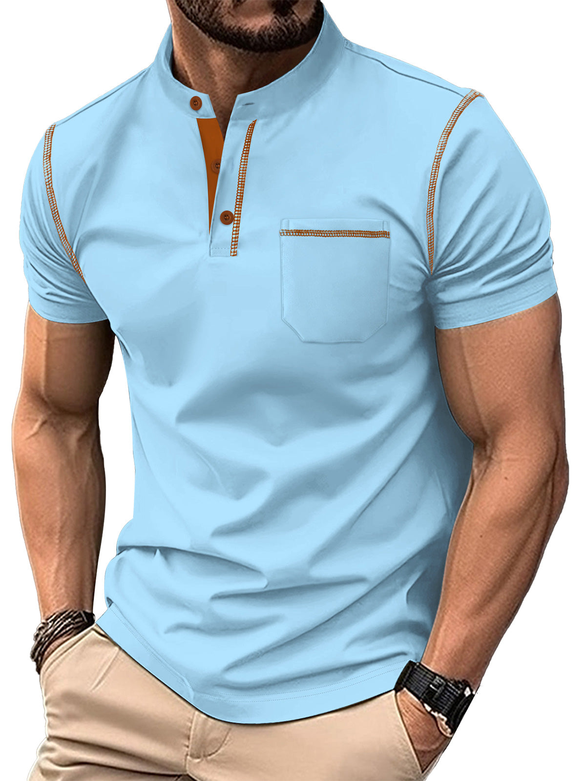 Men's Solid Color Stand Collar Pocket Short Sleeve POLO Shirt