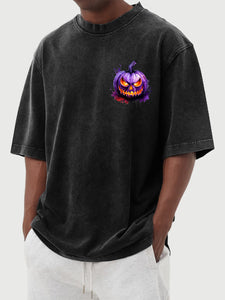 Men's Halloween 100% Cotton Washed and Distressed Watercolor Pumpkin Print Short Sleeve T-Shirt