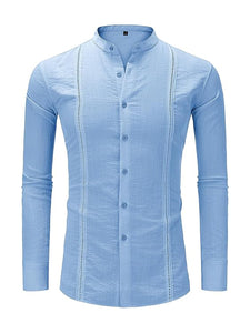 Men's Casual Stand Collar Cotton Guayabera Solid Color Long Sleeve Shirt