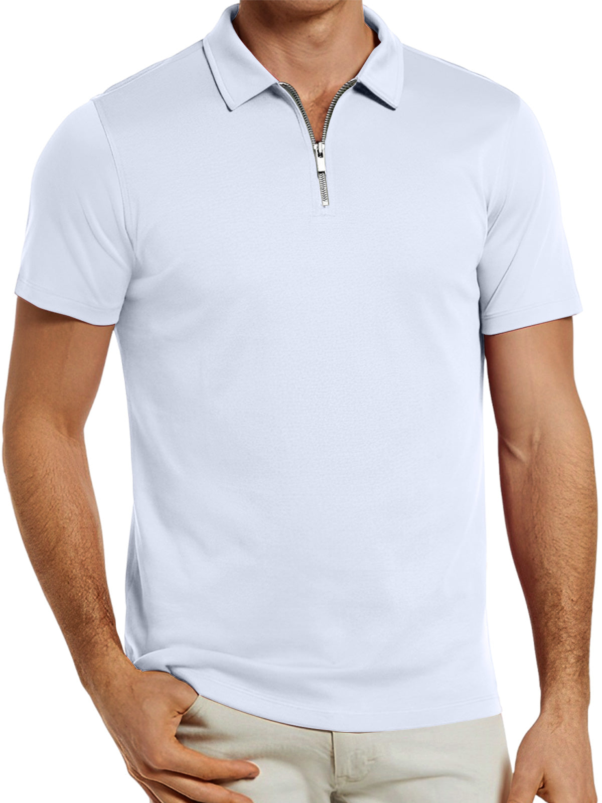 Men's solid color zipper lapel breathable short-sleeved POLO shirt