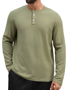 Men's Casual Henley Collar Waffle Solid Color Long Sleeve T-Shirt