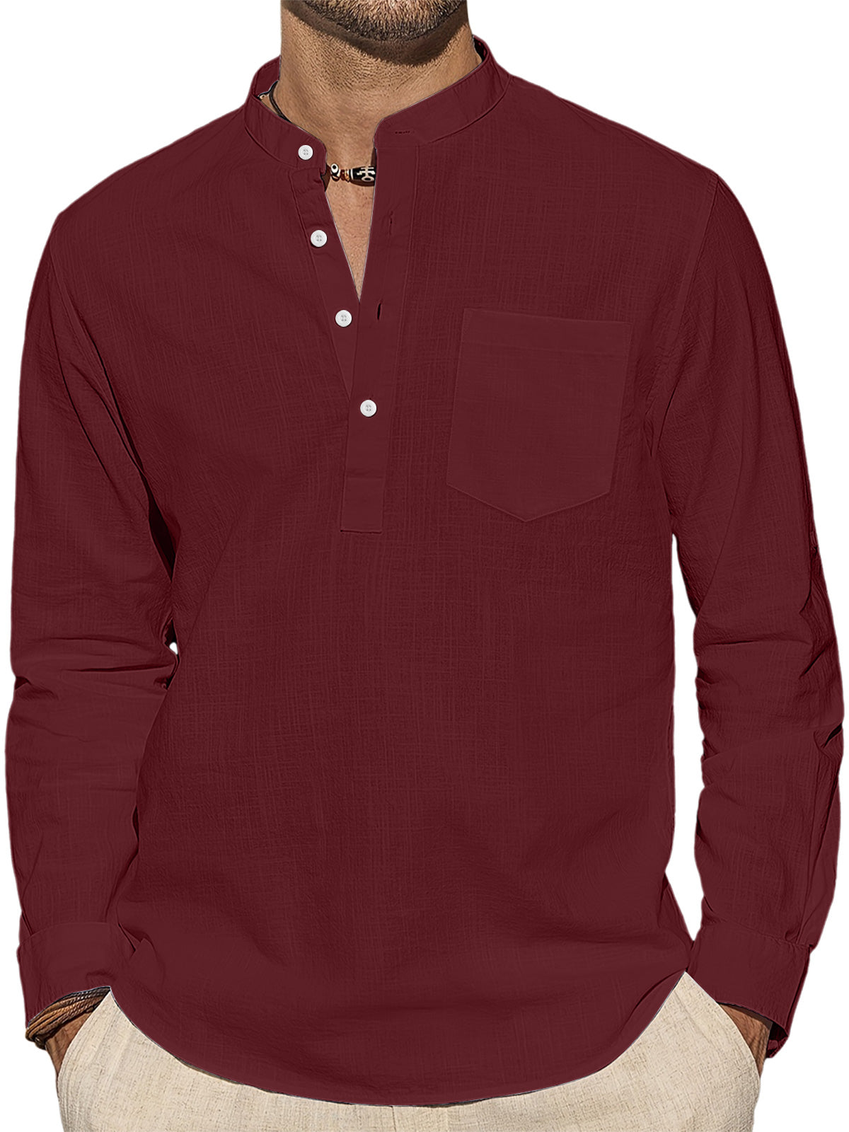 Men's Casual Stand Collar Pocket Solid Color Long Sleeve Shirt