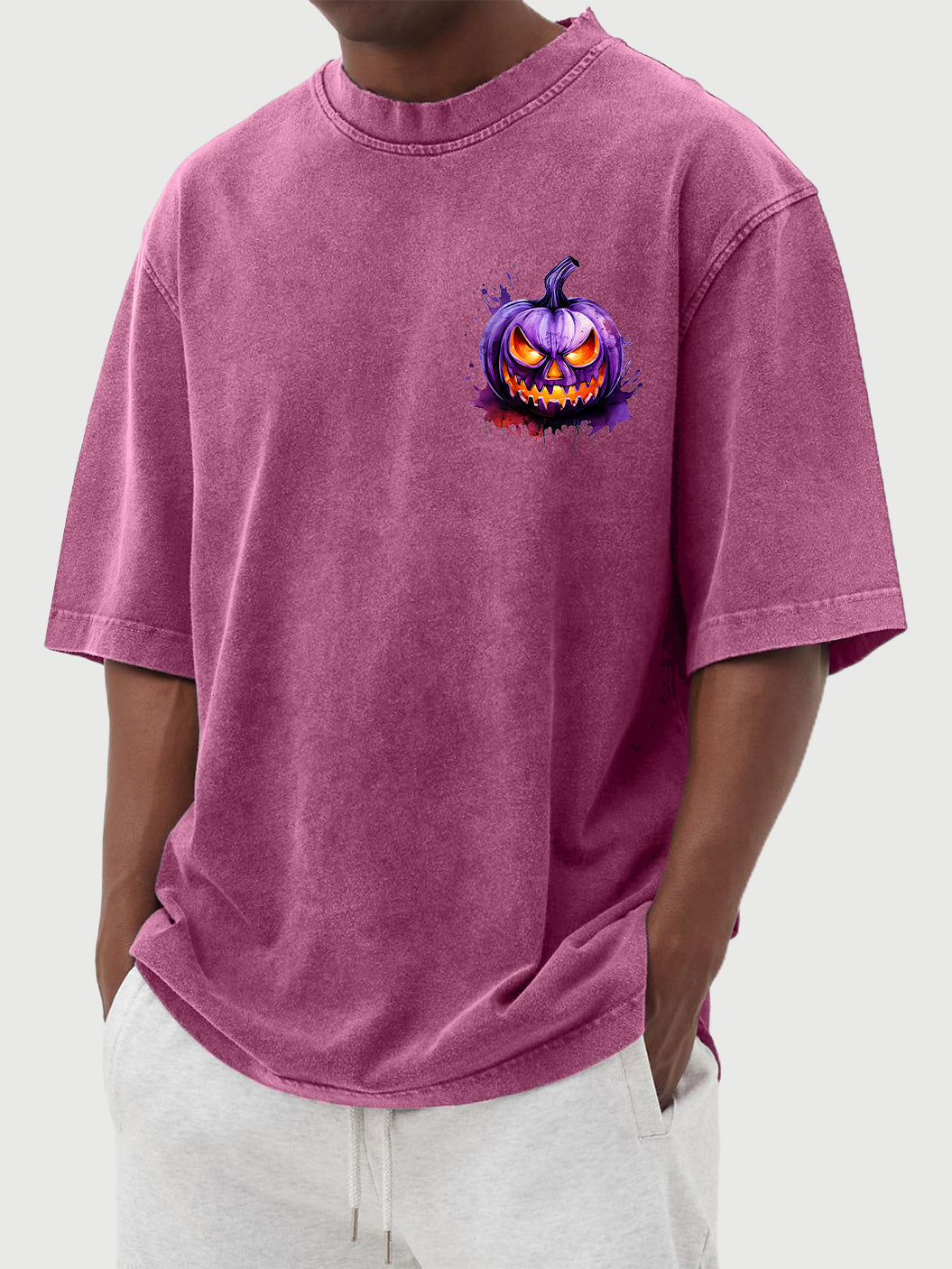 Men's Halloween 100% Cotton Washed and Distressed Watercolor Pumpkin Print Short Sleeve T-Shirt