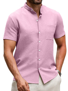 Men's Summer Stand Collar Pleated Pocket Casual Solid Color Short Sleeve Shirt