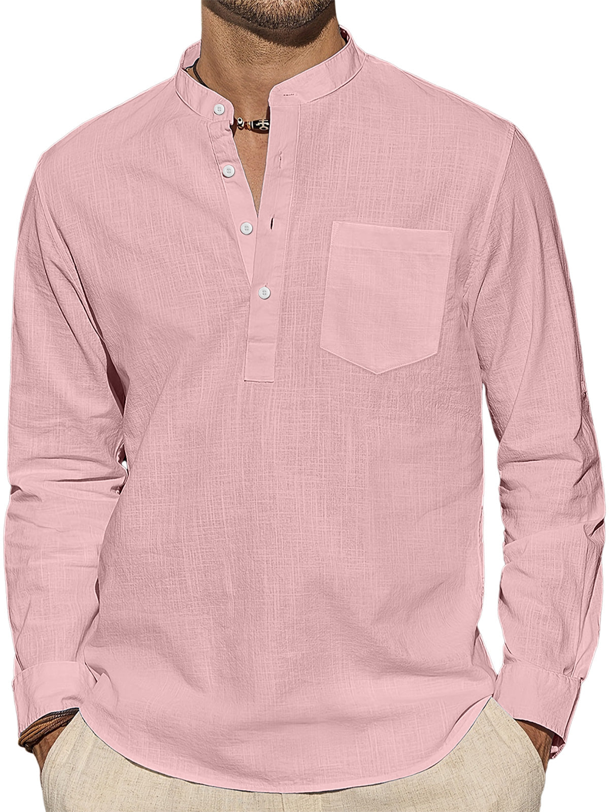 Men's Casual Stand Collar Pocket Solid Color Long Sleeve Shirt