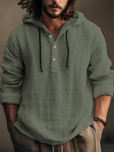 Men's Plain Cotton And Linen Casual Hooded Shirt