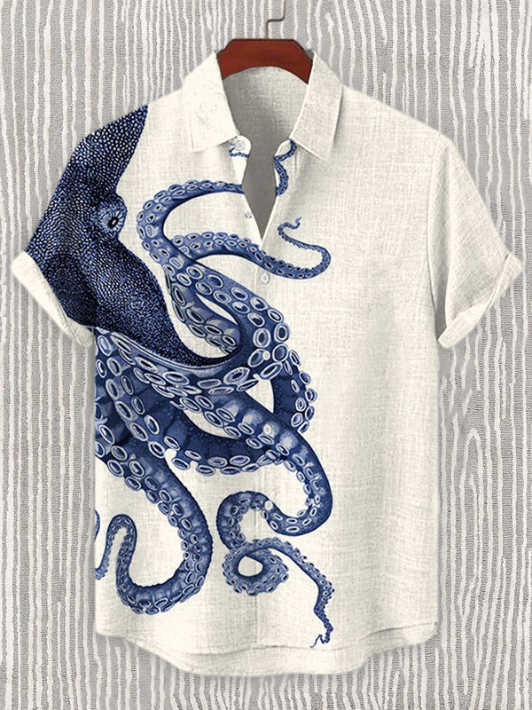 Men's Japanese Art Octopus Graphic Printed Linen Blend Shirt