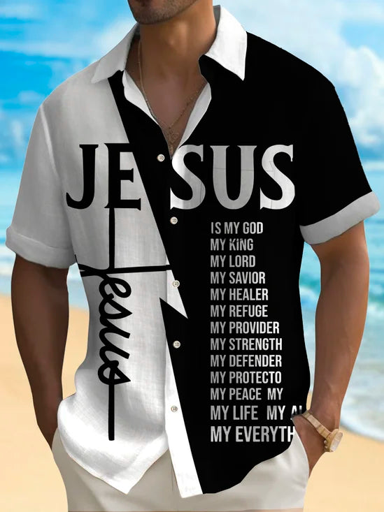 Men's Jesus Letter Print Button Pocket Shirt