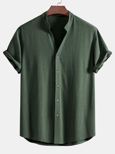 Short Sleeve Linen Rayon Blend Stand Collar Shirt