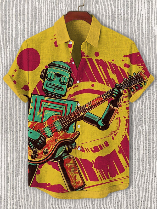 Men's Rock Robot Playing Guitar Print Casual Shirt