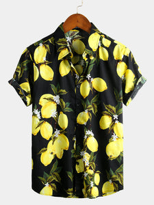 Men's Tropical Yellow Lemon Print Hawaiian Short Sleeve Shirt