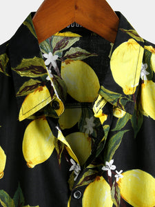 Men's Tropical Yellow Lemon Print Hawaiian Short Sleeve Shirt