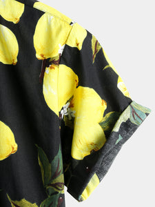 Men's Tropical Yellow Lemon Print Hawaiian Short Sleeve Shirt