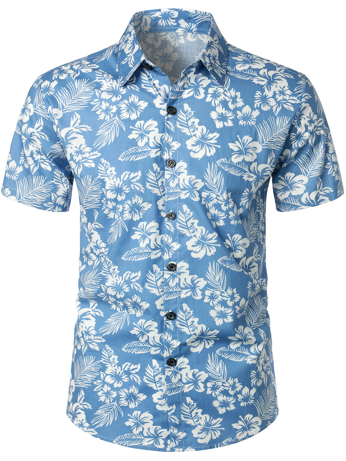 Men's Blue Tropical Floral Plant Leaf Cotton Button Up Short Sleeve Aloha Resort Beach Shirt